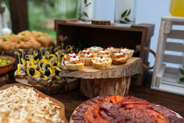 Tasty meals on a brown rustic wooden banquet table. Summer wedding in the forest - 282257748