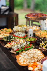 Tasty meals on a brown rustic wooden banquet table. Summer wedding in the forest - 282257900