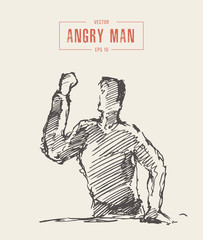 Angry man fist raised Hand drawn vector sketch