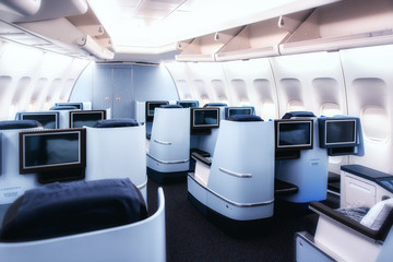 Airplane cabin business class interior view