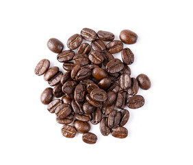 roasted coffee beans isolated in white background. top view