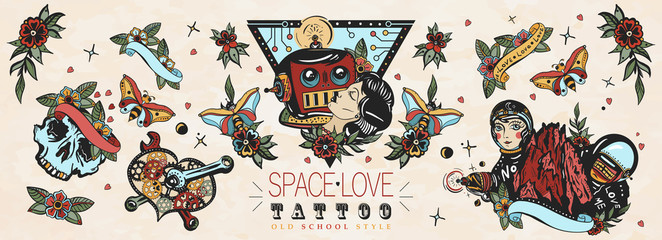 Love in outer space. Retro futuristic old school tattoo collection. Lovers. Kissing robot, girl astronaut, mechanical heart, Mars mountains.  Sci-fi movie funny art. Traditional tattooing style