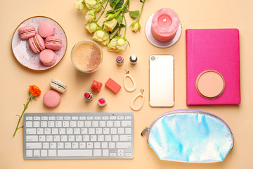 Workplace of beauty blogger on color background