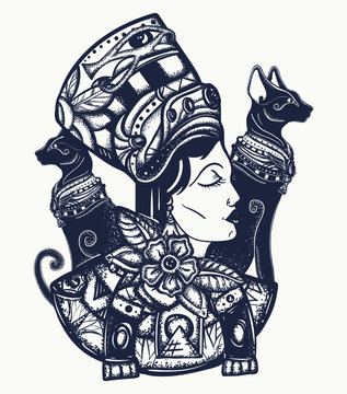 Ancient Egypt. Portrait egyptian queen Nefertiti and two black cats. Strong and independent woman. Old school tattoo style