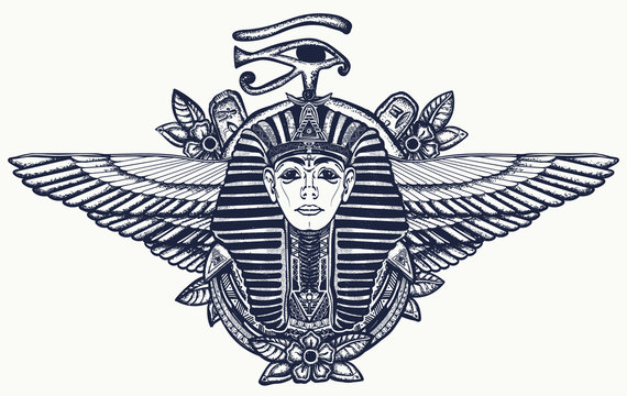 Ancient Egypt tattoo. Pharaoh, Sun eye and wings Horus god. Egyptian great king. Tutankhamen. T-shirt design