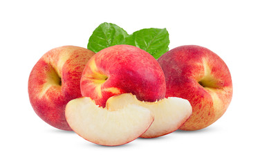 Peach fruit with leaf  isolated on white. Full depth of field