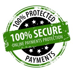 100 percent Secure 100 percent Protected online Payments text on green rubber stamp imprint icon isolated on white background. SSL Encryption method for online payments.