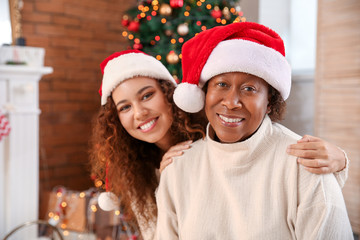 Portrait of African-American woman and her daughter in Santa hats at home