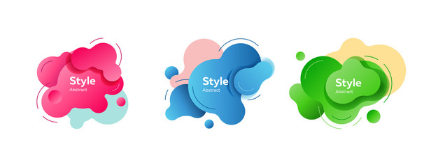 Liquid dynamic design elements with inscriptions. Dynamical colored forms and line. Gradient banners with flowing liquid shapes. Vector illustration. Can be used for commercial, flyer, presentation