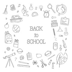 Back to School doodle set. Various school stuff - supplies for sport, art, reading, science, geography, biology, physics, mathematics, astronomy, chemistry. Vector isolated over white background.