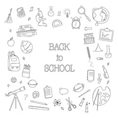 Back to School doodle set. Various school stuff - supplies for sport, art, reading, science, geography, biology, physics, mathematics, astronomy, chemistry. Vector isolated over white background.