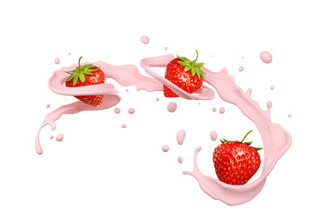 milk splash with strawberry isolated on white background, 3d illustration.