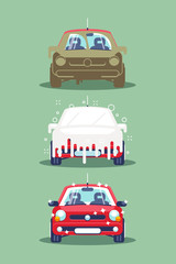 Three stages of touchless car washing at an automatic station. Dirty car, car in the process of washing and clean the car.