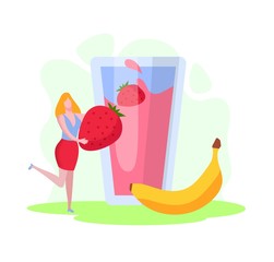 Tiny Woman Put Huge Strawberry and Banana in Glass