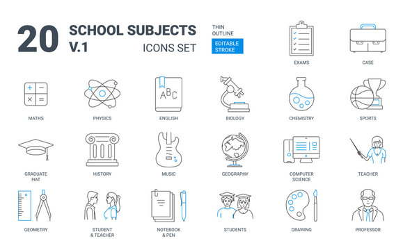 School education subjects flat outline icon set