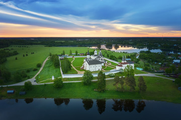 Aerial view of Ferapontov Monastery on sunrise in Ferapontovo, Vologda oblast, Russia