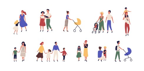 Fototapeta na wymiar Bundle of walking families. Collection of mothers, fathers and children spending time together. Set of strolling parents and kids isolated on white background. Flat cartoon vector illustration.