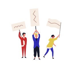 Set of people holding placards or flags isolated on white background. Teenage boys taking part in social protest, mass meeting, civil resistance, picketing, march. Flat cartoon vector illustration.