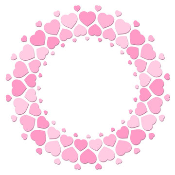 Pink hearts forming a round frame with blank center. Illustration on white background.