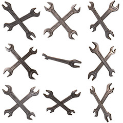 Wrench set. Spanner repair tool. Mechanic or engineer instruments. Support service 3d render illustration isolated on white background.