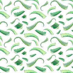 Aloe vera watercolour seamless pattern.sliced leaves and aloe juice.