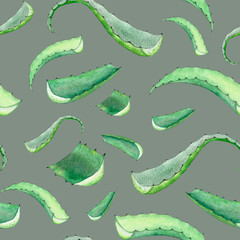 Aloe vera watercolour seamless pattern.sliced leaves and aloe juice.