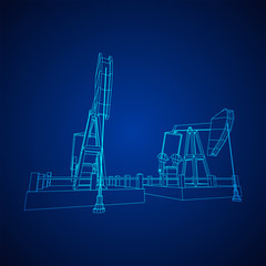 Oil well rig jack. Finance economy polygonal petrol production. Petroleum fuel industry pumpjack derricks pumping drilling. Wireframe low poly mesh vector illustration