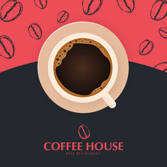 Cup of Coffee. Sketch banner with coffee beans and leaves on colorful background for poster or another template design.