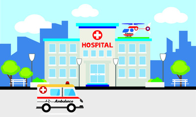 Obraz premium Medical concept with hospital buildings and ambulances in a smooth style
