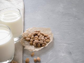 Pistachio milk in a glass Cup and pistachio nuts on a gray concrete background. Copy space.