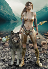 Portrait of a female magical Druid holding her enchanted staff and posing with her tamed wolf from the wild. Fantasy themed character with stunning mountains backdrop and lake background. 3d rendering - obrazy, fototapety, plakaty