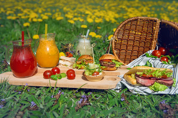 Picnic with lemonade and sandwiches on the grass on a sunny day.