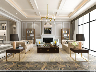 3d rendering luxury and modern living room with bookshelf