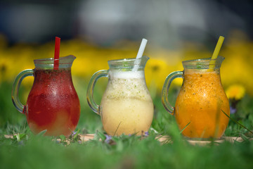 Different color lemonade in glass decanters with drinking straws on the green grass.