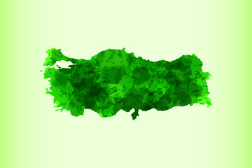 Turkey watercolor map vector illustration in dark green color on light background using paint brush on paper page