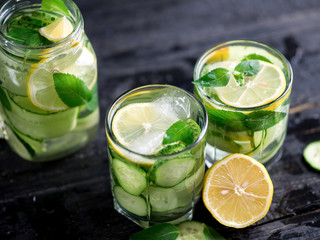 Summer cucumber lemonade with lemon and mint. Cold drink lemonade