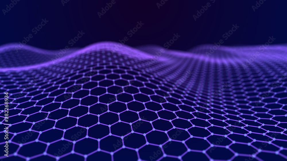 Fototapete Futuristic hexagon abstract background. Analysis and automation of data on artificial intelligence. Big data. 3D rendering. 4k