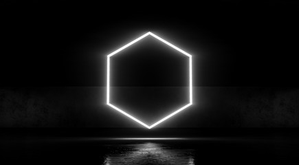 Hexagon Neon glowing light on dark abstract background. 3d rendering.