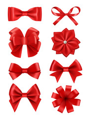 Bow realistic. Ribbons for decoration hair bow celebration party items vector collection. Illustration of red bow ribbon, satin silk tie