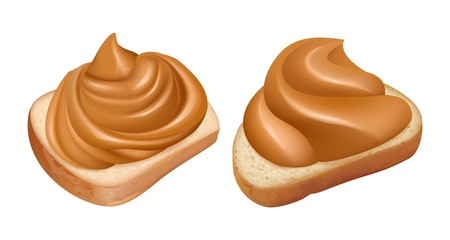 Peanut butter sandwiches. Vector realistic peanut butter swirl on bread. Illustration of sandwich with peanut cream, bread with sweet