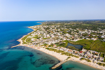 Obraz premium Aerial view, Italy, Puglia, Lecce, Torre Rinalda, public beach on the sea, Spiaggiabella Beach
