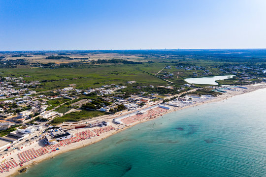 Aerial view, Italy, Puglia, Lecce, Torre Rinalda, public beach on the sea, Spiaggiabella Beach