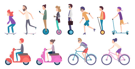 Fototapeta na wymiar People city transport. Crowded urban transportation electric scooter vehicle movement bike roller cars skate vector cartoon. Illustration scooter and skate roller, moped and unicycle