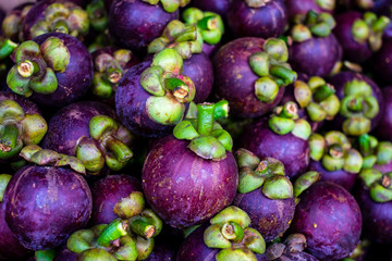 Filled frame of freshly picked organic mangosteen fruit, also known as Garcinia mangostana and has abundant antioxidant which is good in cancer prevention. Selective focus.