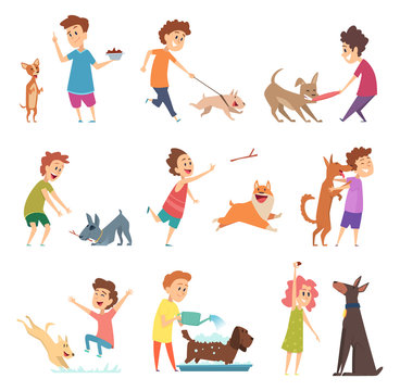 Pets and kids. Happy little puppy dogs and their owners hugging playing smiling feeding vector animals. Illustration feeding and walking dog, funny and adorable pets