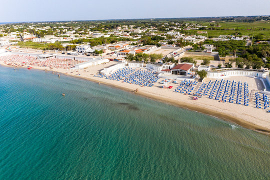 Aerial view, Italy, Puglia, Lecce, Torre Rinalda, public beach on the sea, Spiaggiabella Beach
