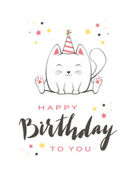 Kitty with Lettering Happy Birthday on White Background