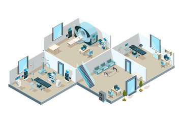 Obraz premium Clinic interior. Hospital patients medical rooms with equipment creative laboratory vector low poly isometric picture. Illustration of medical interior hospital, health medicine