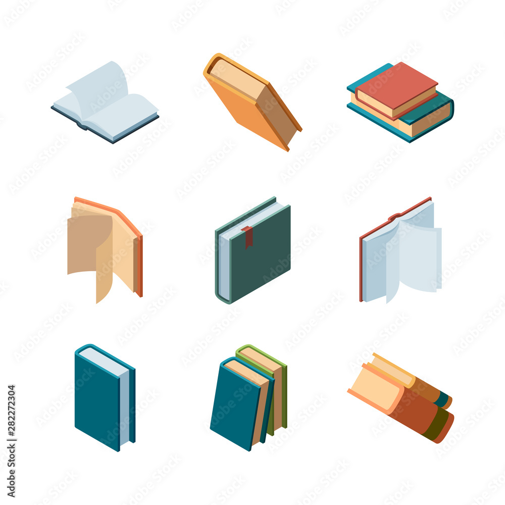 Wall mural books isometric. diary open and closed magazines and books library colorful isometric vector collect