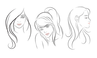 girl face long hair portrait isolated on white background. hand drawn vector illustration